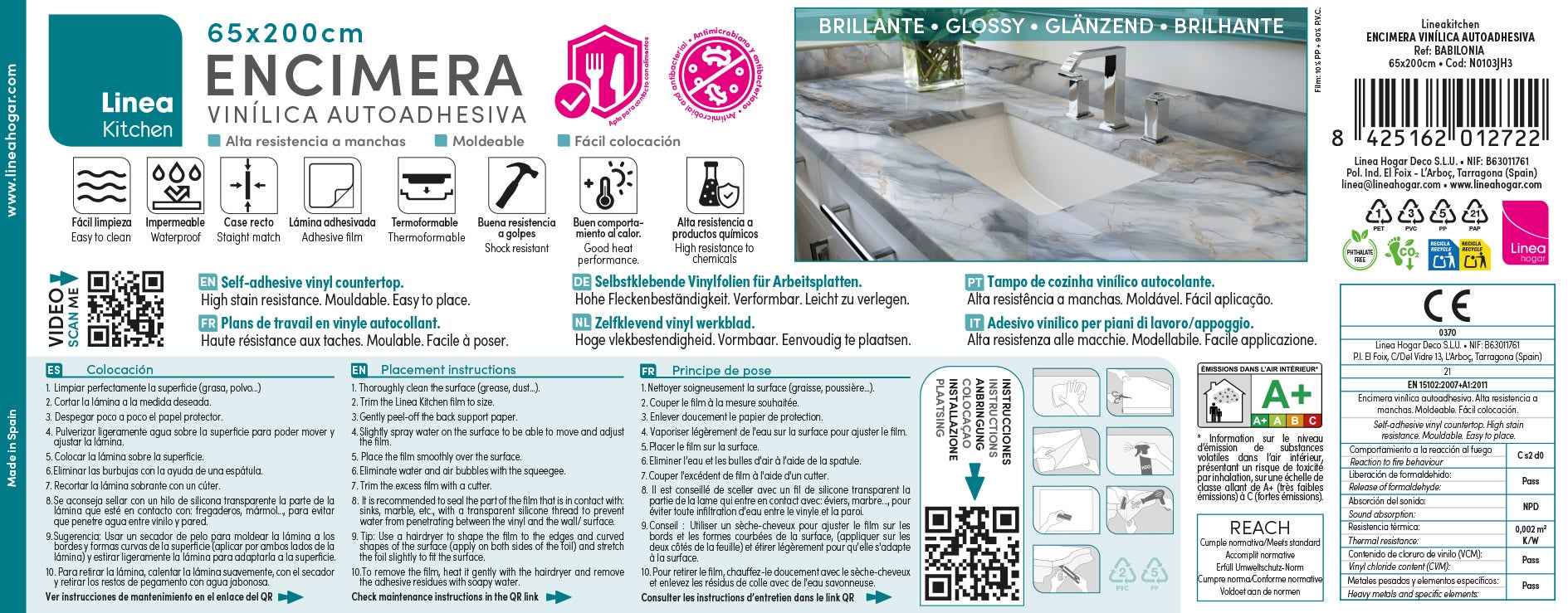 BABILONIA: Vinyle adhésif pour plan de travail de cuisine et salle de bain. Résistant aux taches. Imperméable. Facile à poser et à nettoyer. 0,65x2m - 12
