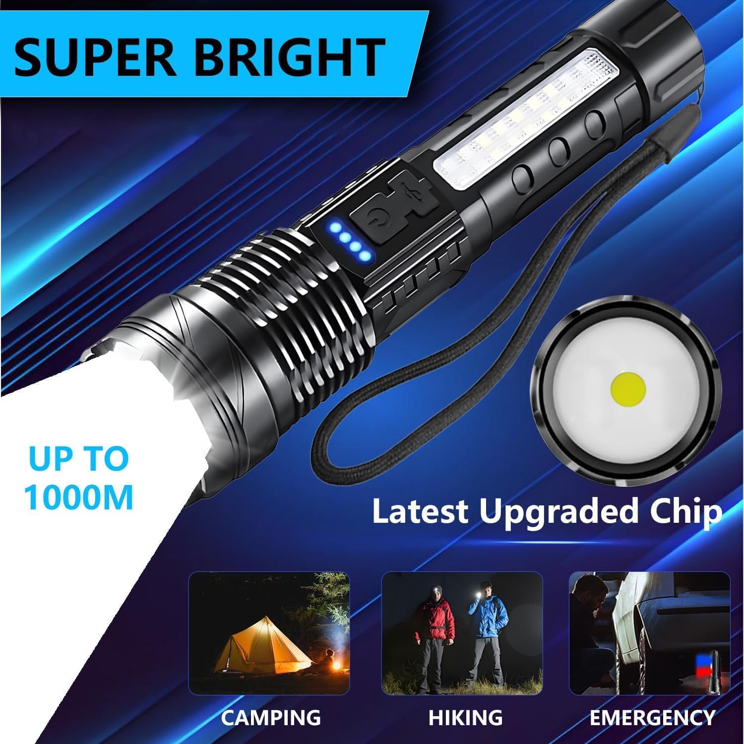 90000 lumen rechargeable flashlight 3 Pack LED Flashlights High Lumens, 90,000LM Super Bright Flashlight, Adjustable 5 Modes Powerful Flash Light with USB Cable, Waterproof Handheld for Home Camping Emergencies Click the toggle button to change the mode BengMxj Rechargeable LED Flashlight |
