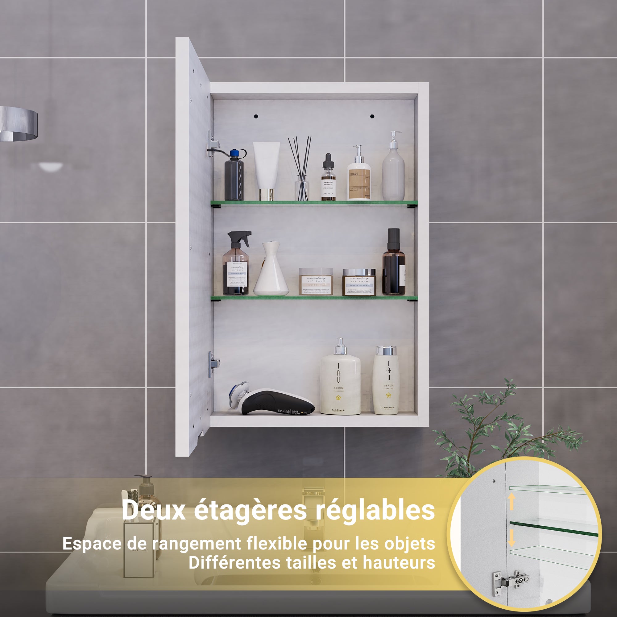 Armoire Murale Salle de Bain avec Miroir et LED,Armoire de Toilette Miroir Meuble Salle de Bain avec Rangement et Étagère Réglable,Blanc,50x70x12.5cm - 3