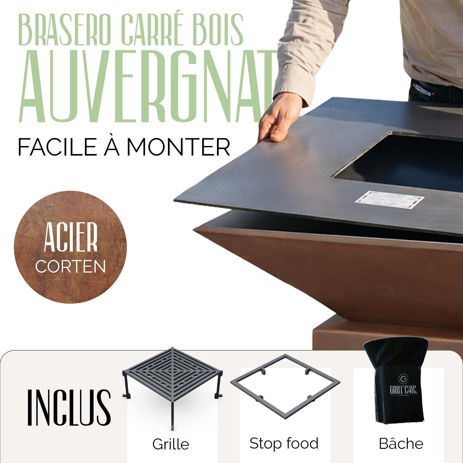 GRILL'CHIC - Pack Privilège Brasero Auvergnat Corten Bois Carré - Simple Cuve - Avec Bâche + Grille + Stop Food Inclus - 5