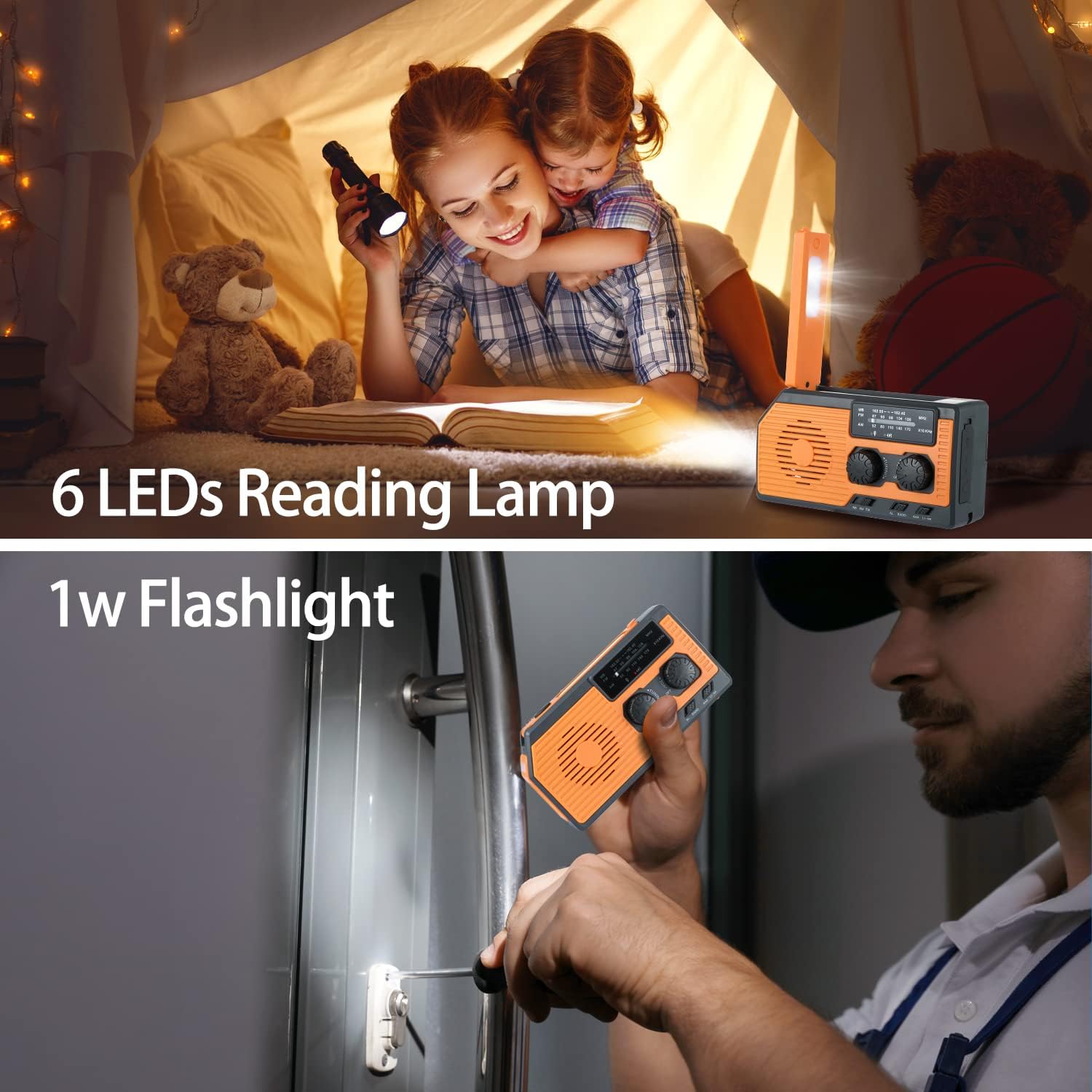 Radio solar AM/FM/NOAA, manivela linterna LED, batería 2000mAh, alarma SOS y cargador para teléfono.Ideal para emergencias y actividades al aire libre - 5