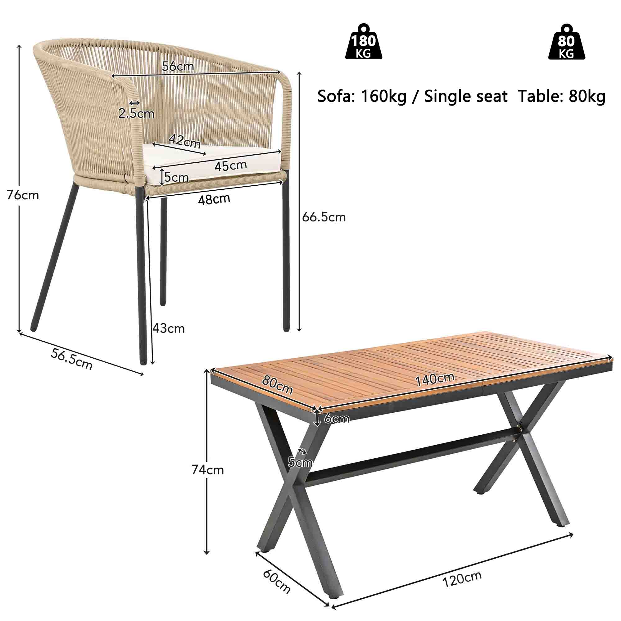 Juego de comedor para exterior de 7 piezas, mesa de acacia y sillas de cuerda, cojines lavables - 9