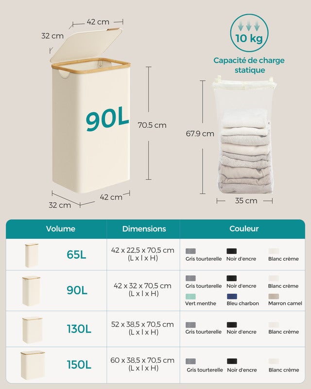 Panier à Linge Mince avec Couvercle, 90L, Gain de Place, Tissu Oxford, Poignées en Bambou, Pliable, 42 x 32 x 70,5 cm, Blanc Crème - 5