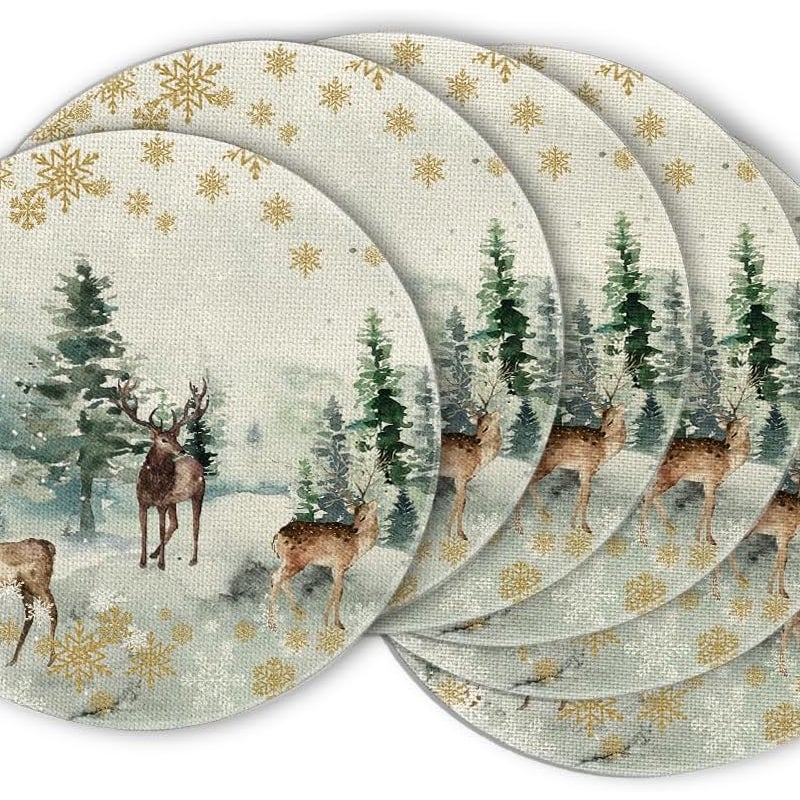 Zestaw 6 okrągłych podkładek - Wzór akwarelowy, renifer i choinka - 38 cm - Zmywalne - Dekoracja kuchni i na imprezę