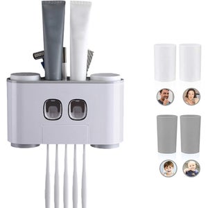 Portaspazzolini Da Bagno A Parete - Set Completo Con Dispenser Dentifricio Automatico, 4 Scomparti, 2 Bicchieri Rovesciabili E Vano Portaoggetti (Nero, Adesivo Senza Fori) - 2