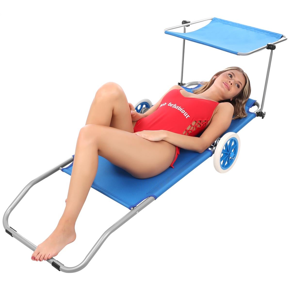 Leżak składany plażowy z daszkiem na kółkach 116x62x60-90 cm Enero Camp niebieski - 2