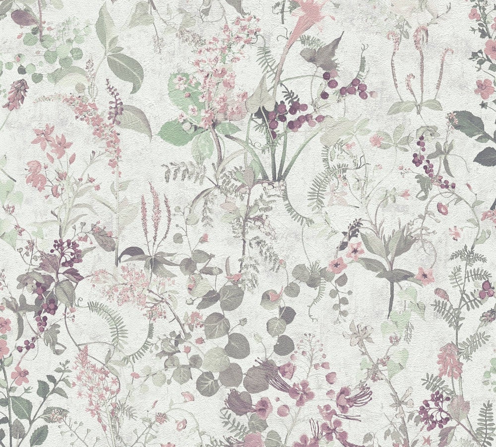 Papel pintado flores casa de campo tejido no tejido Papel pintado beige verde y rosa para cocina y salón, 10,05 x 0,53 m - 3