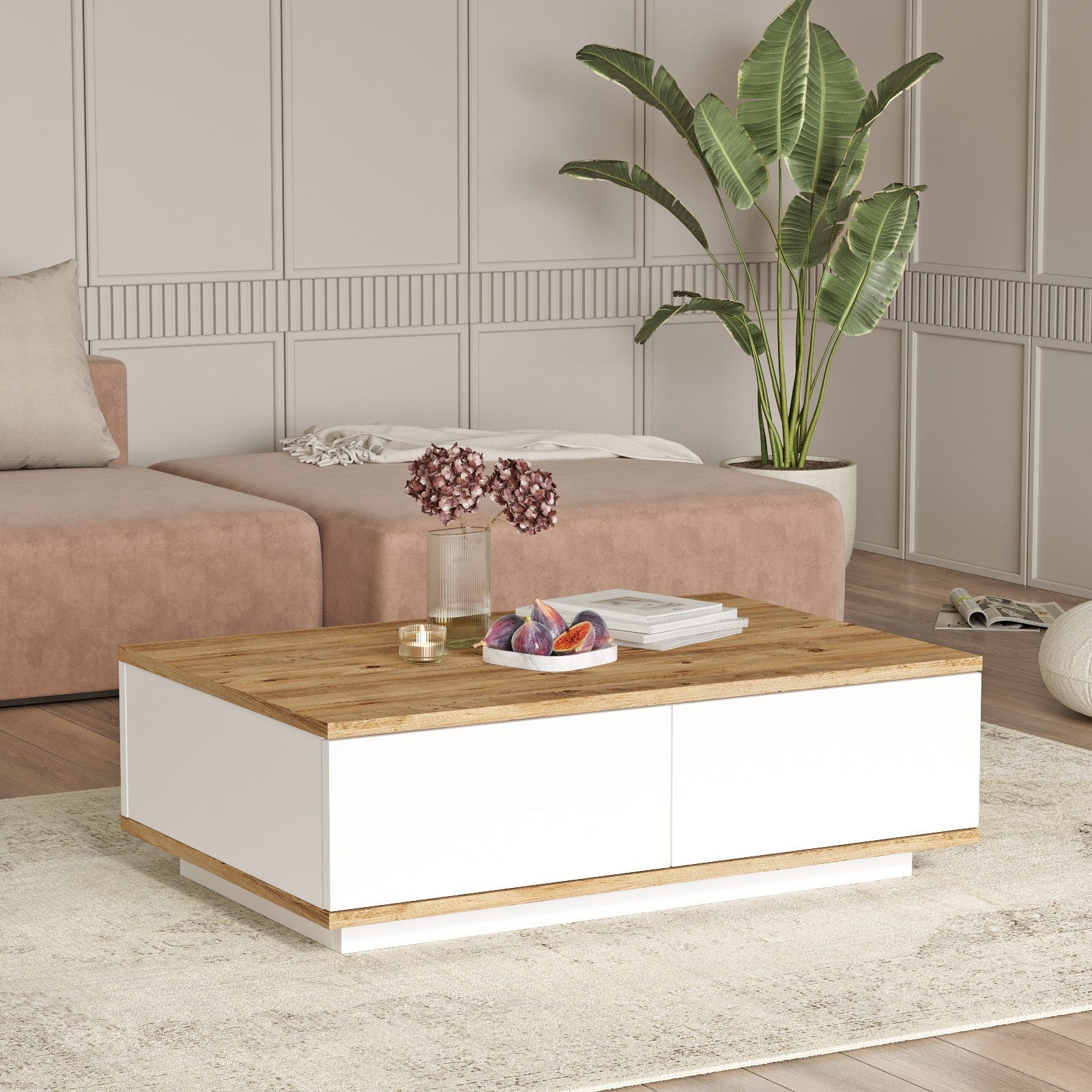 Table basse avec 2 portes - Naturel et Blanc - LOTULA - 8