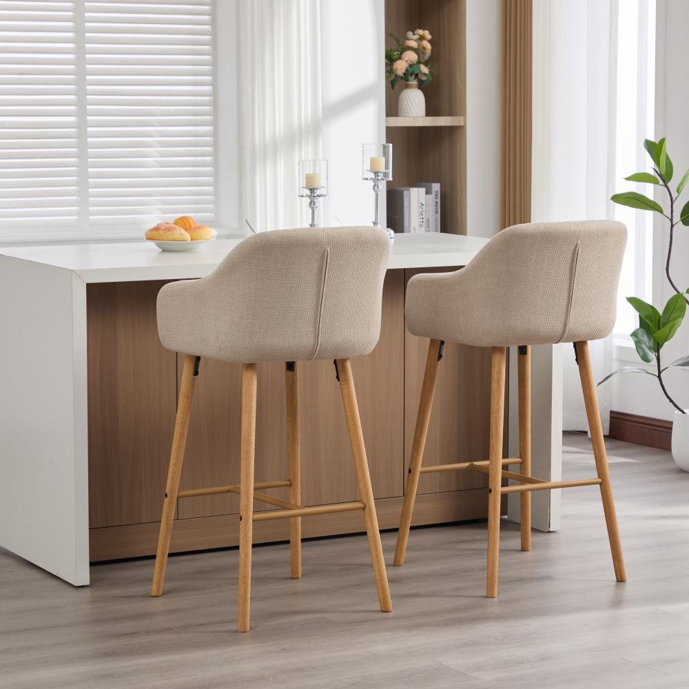 Tabouret de bar moderne vert en lin avec dossier haut et accoudoirs, pieds en bois, lot de 2, style européen pour cuisine ou îlot - 9