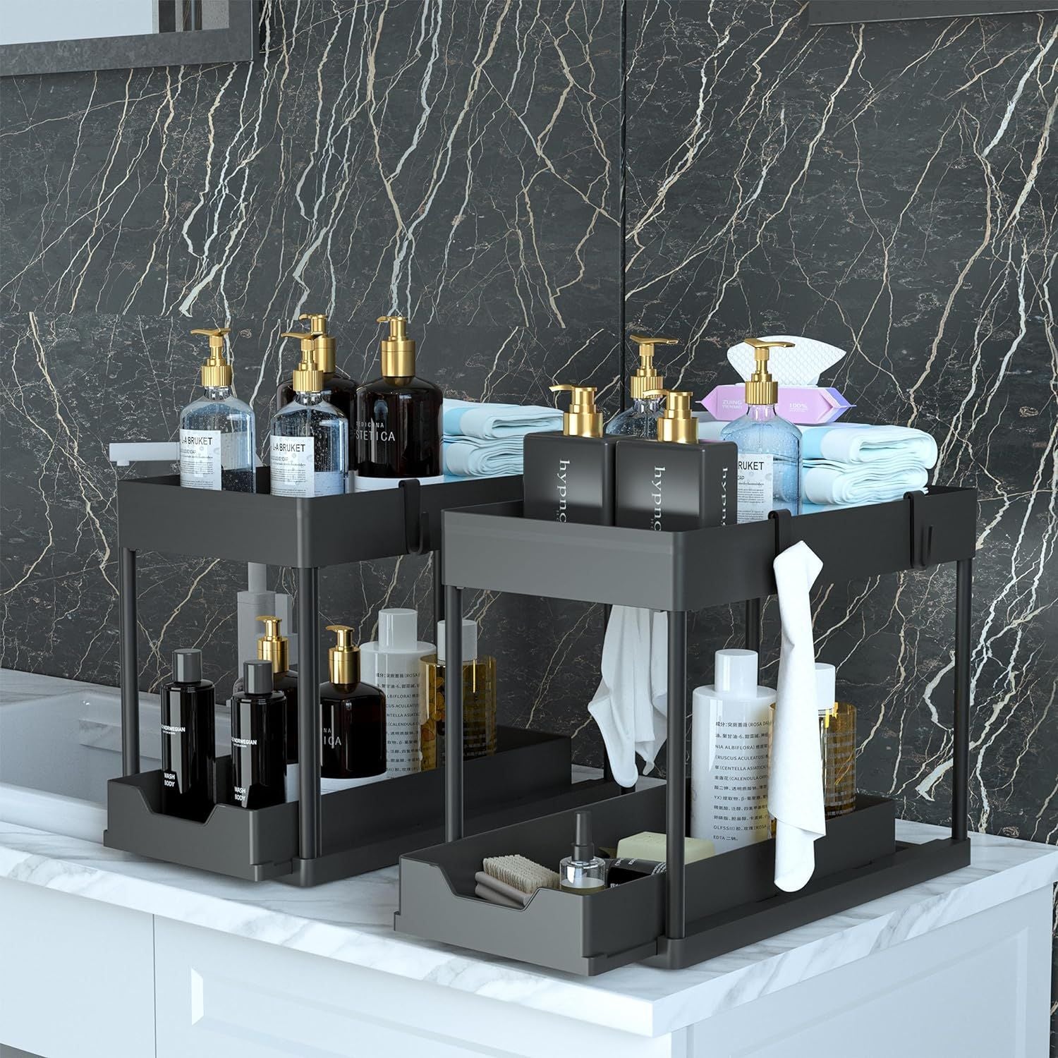 Lot de 2 Rangement sous Évier - Organisateur sous Evier Tiroir Coulissant à Extraction - Rangement Et Organisation De Cuisine - 3