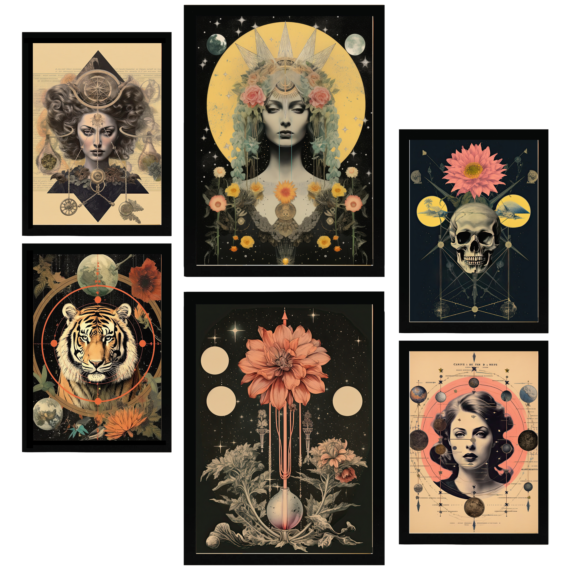 Nacnic set de 6 pósters collage ilustración surrealista estilo esoterico mistico marco negro