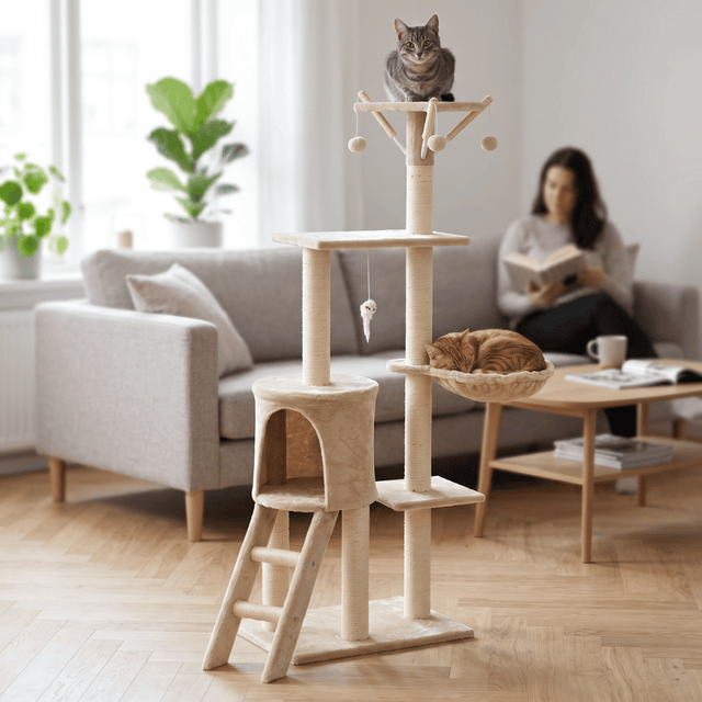 Drapak dla kota domek legowisko drabinka zabawki sizalowe słupki 139 cm Funfit beżowy