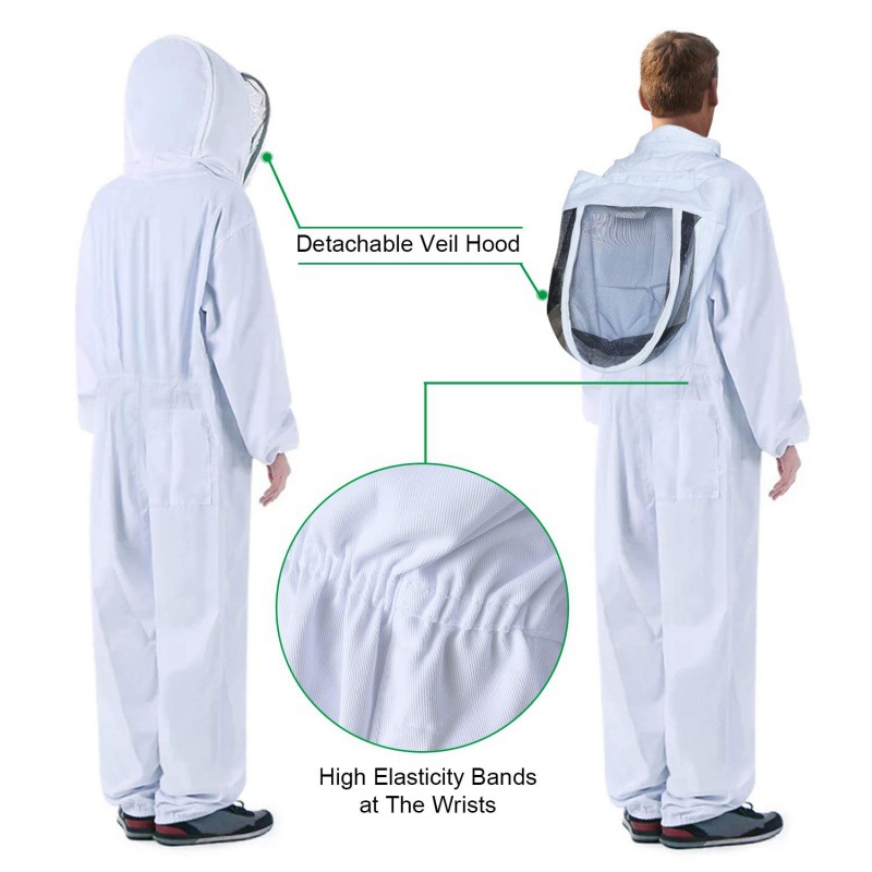 Combinaison anti-abeille épaisse blanche, gants en peau de mouton, combinaison d'abeille fendue une pièce pour abeilles, XL, combinaison d'apiculture - 3