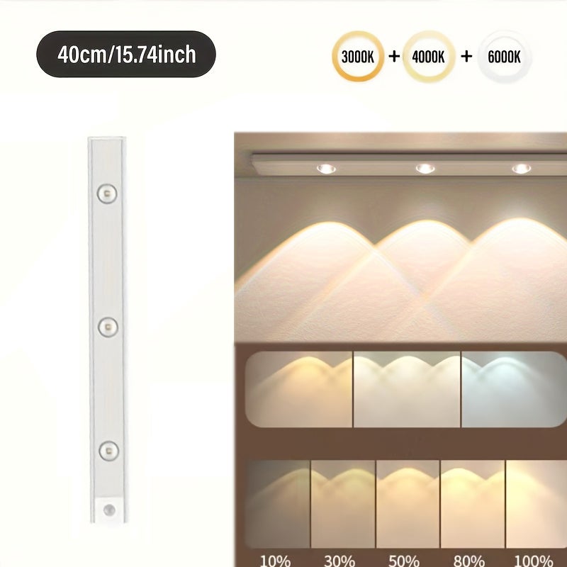 Taśma LED z czujnikiem ruchu, 40 cm, regulowana w 3 kolorach, do szafek, magnetyczna bezprzewodowa kuchenna lampka nocna, ładowanie USB