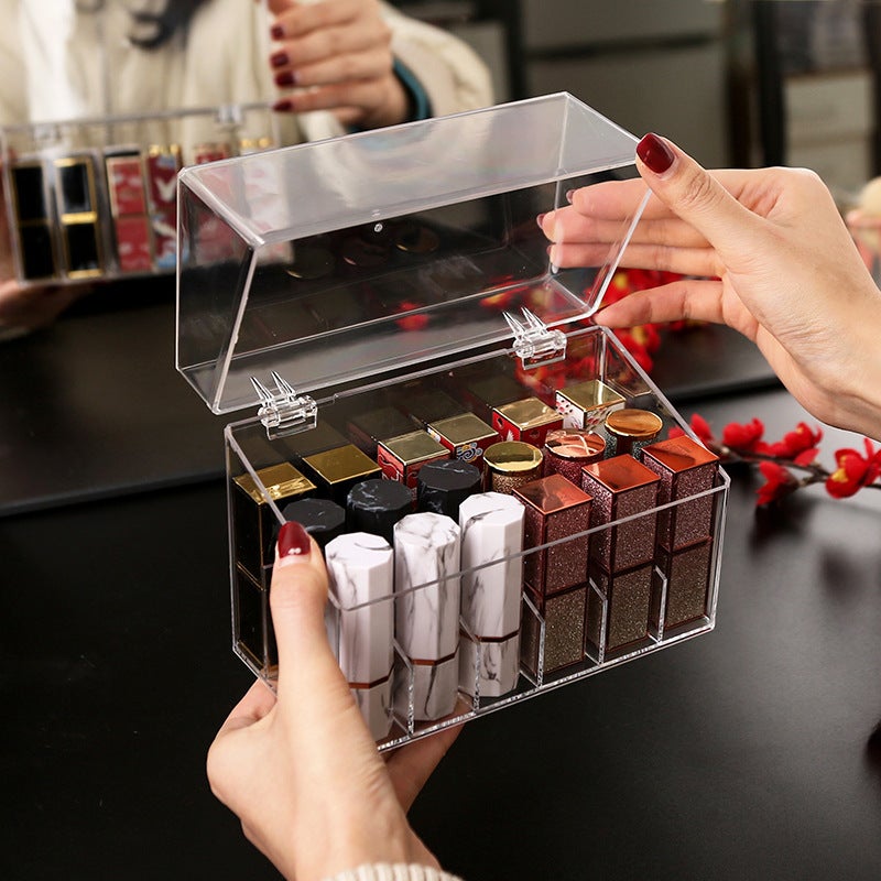 Organisateur de rouge à lèvres transparent en acrylique à 18 compartiments avec couvercle, organisateur de bureau anti-poussière. - 4
