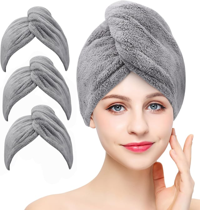 Bandeau turban en microfibre, super absorbant, séchage rapide des cheveux, design à boutons, gris, 3 pièces