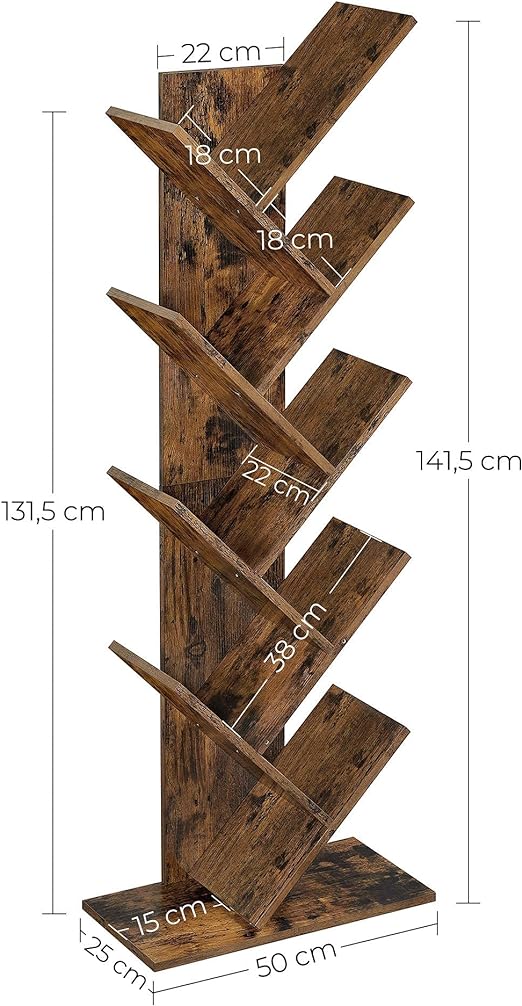 Bibliothèque, Étagère à 8 Niveaux, Meuble de Rangement, en Forme d’Arbre, Marron Rustique - 5