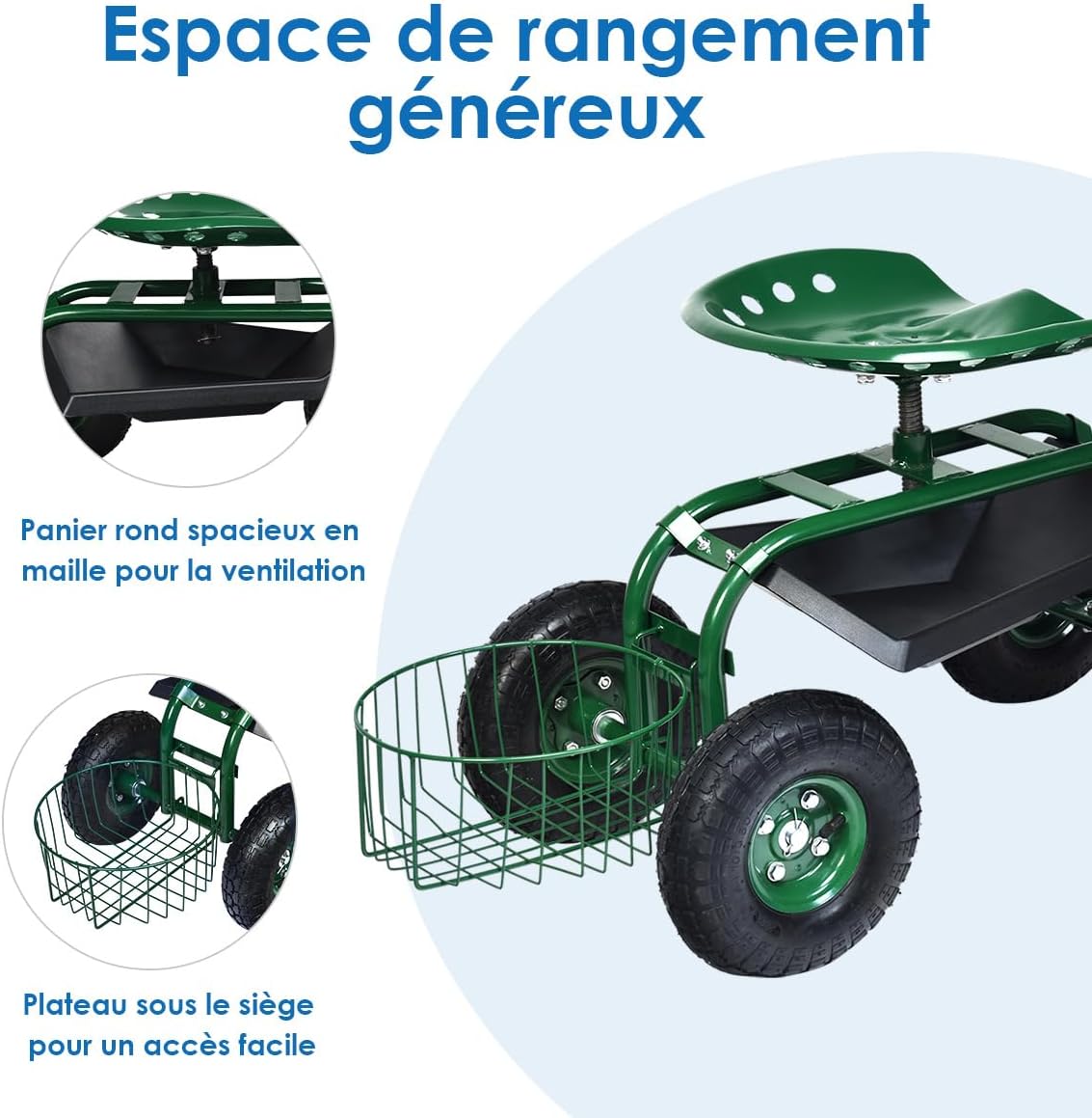 Sgabello per Giardinaggio con Ruote, Sedile da Giardino Regolabile in Altezza con Manico Estensibile, Cesto Portaoggetti, 2 Vassoi e 4 Ruote i - 6