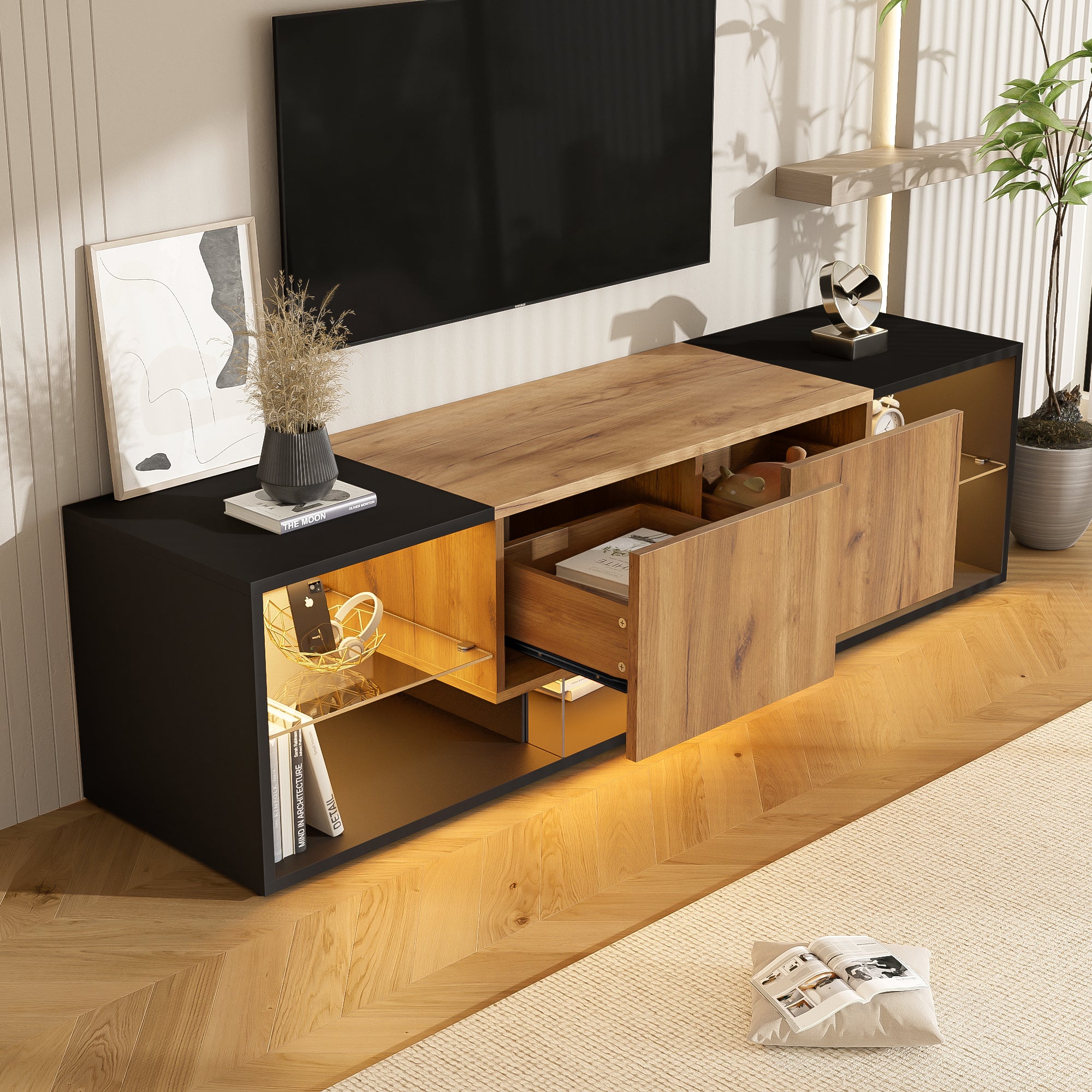 Meble pod TV 160x40x42 cm - z 2 szufladami - Szklane półki - z oświetleniem LED - Płyty wiórowe - Czarny - 3