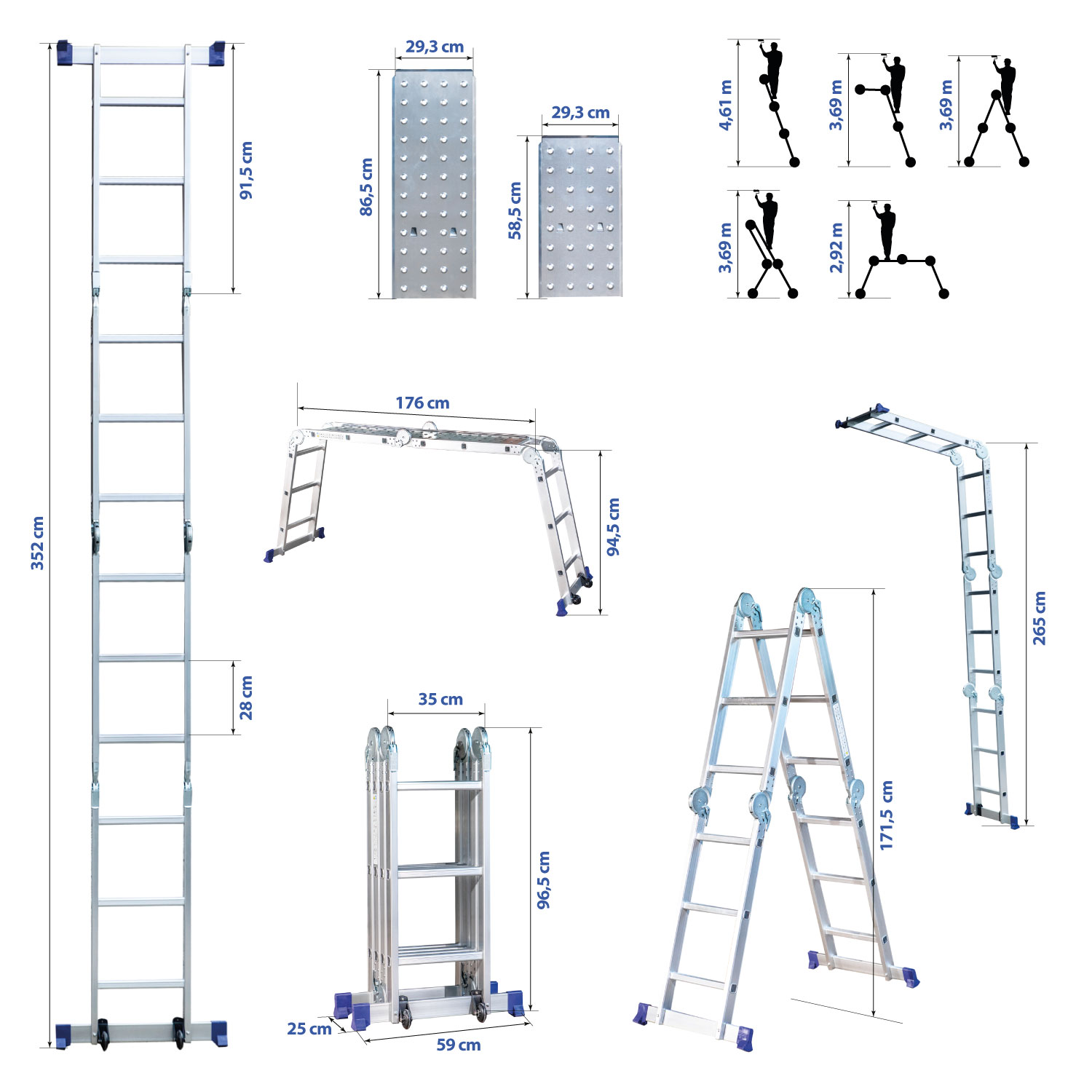 HOSTRÖM Echelle pliante articulée STAVALANCE 4x3 marches, echafaudage multifonction, ecarteur de mur, escabeau, 2 plaques plateforme de travail - 5