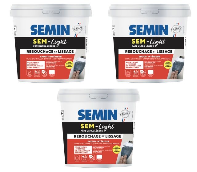 Enduit de Rebouchage Allégé pour Trous et Fissures Importants, Sem-Light Semin, Intérieur, Seau de 10 L (lot de 3)