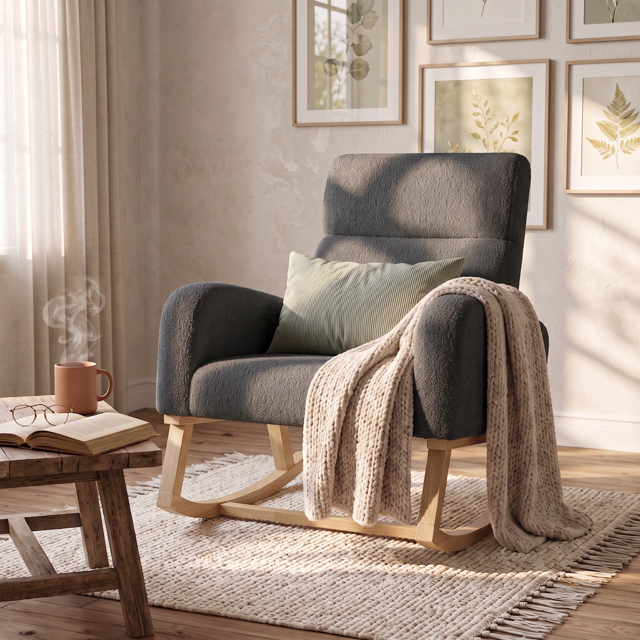 Fauteuil a Bascule, Chaise a Bascule Allaitement avec Poches Latérales et Base en Bois, Fauteuil Rocking Chair interieur extérieur pour Chambre, Gris - 3