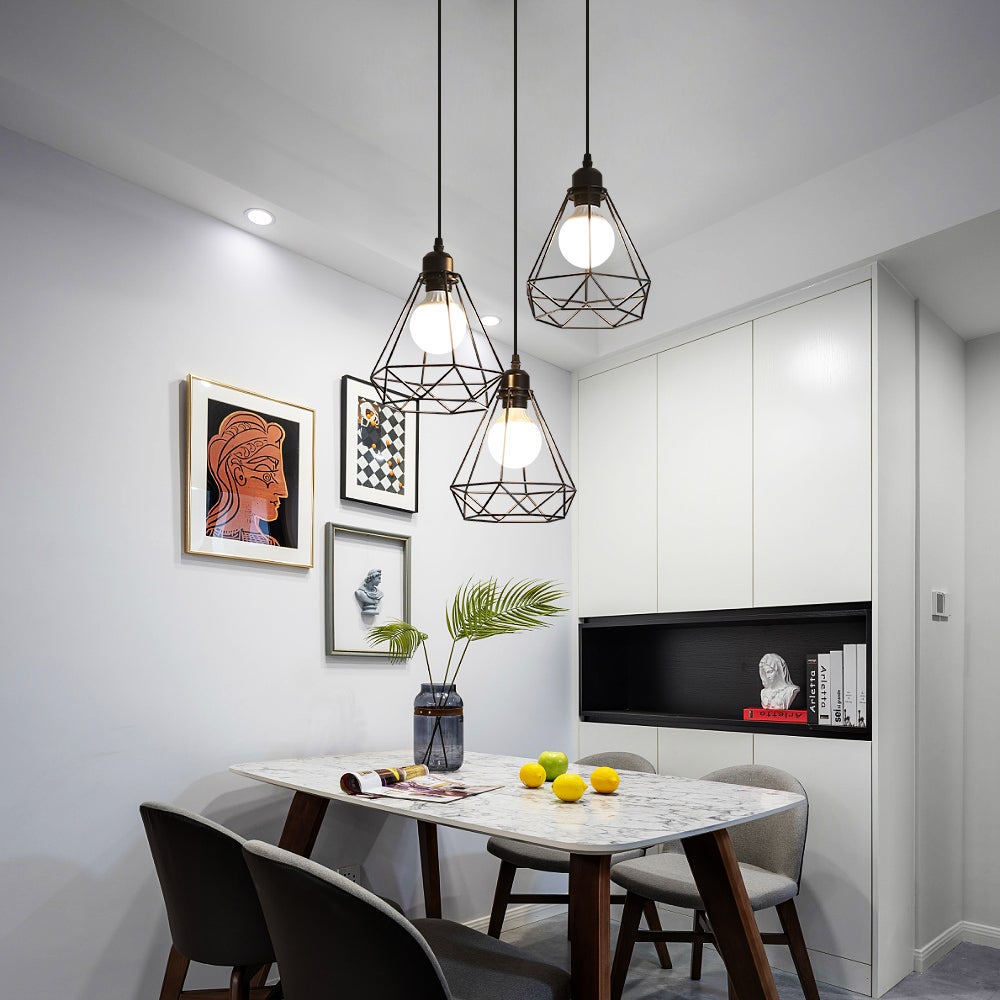 GOECO Suspension en Forme de Diamant avec Trois Abat-jours pour Salle à manger, salon - Câble Ajustable 1m, Base E27(sans Ampoule) - 4