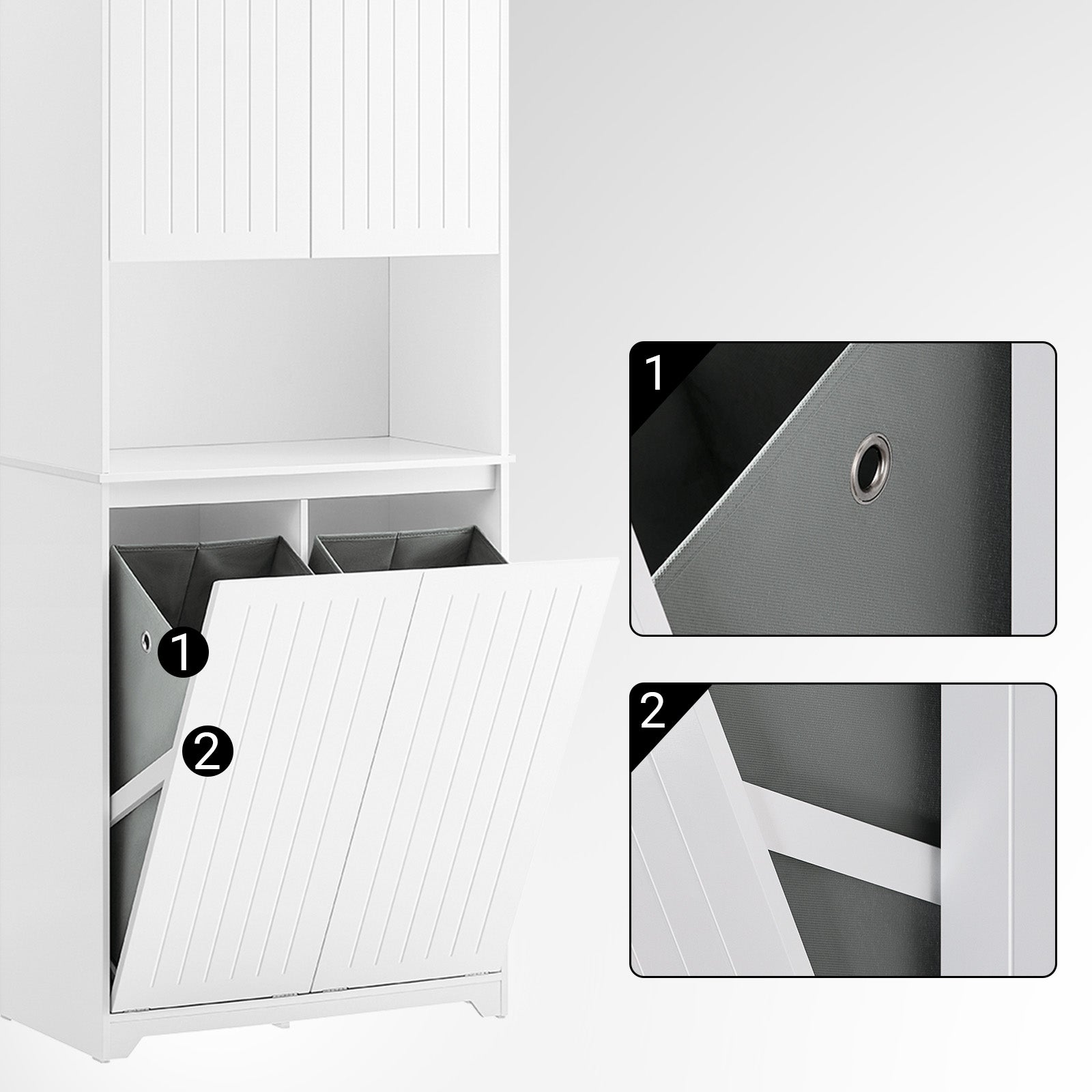 SoBuy Armoire de Salle de Bain Haute avec Sac à Linge, Colonne Meuble Salle de Bain avec Portes, 2 Paniers à Linge Amovibles, Blanc, BZR150-W - 9