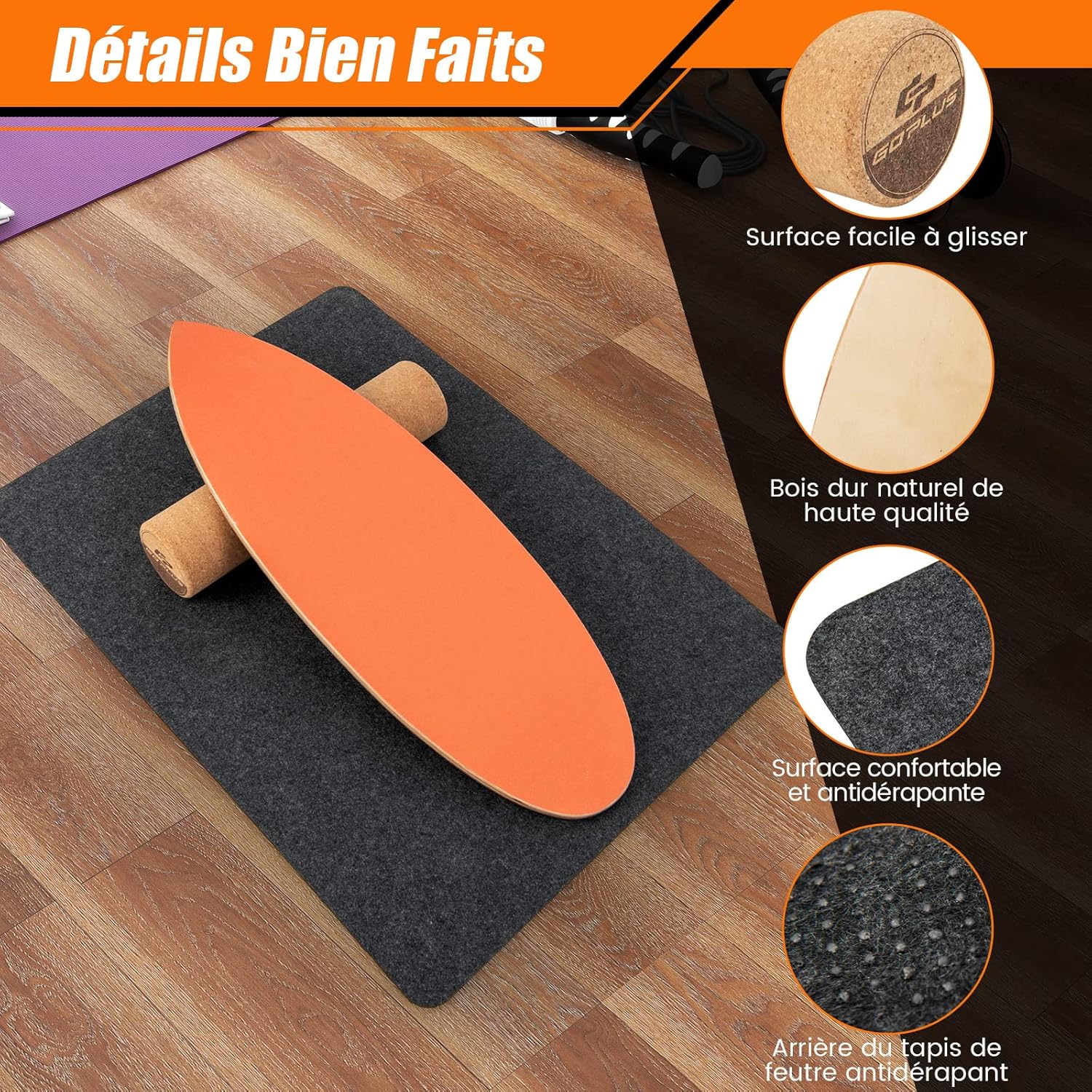 Planche D'Équilibre Bois Antidérapante – Rouleau Liège, Butoirs Amovibles, Pour Yoga/Surf/Fitness, Enfant à Adulte
