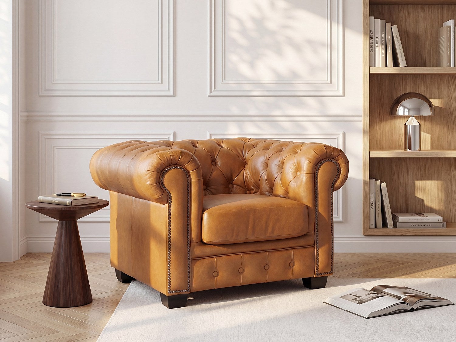 Fotel typu chesterfield 100% skóry bawolej BRENTON - Kolor: karmelowy vintage