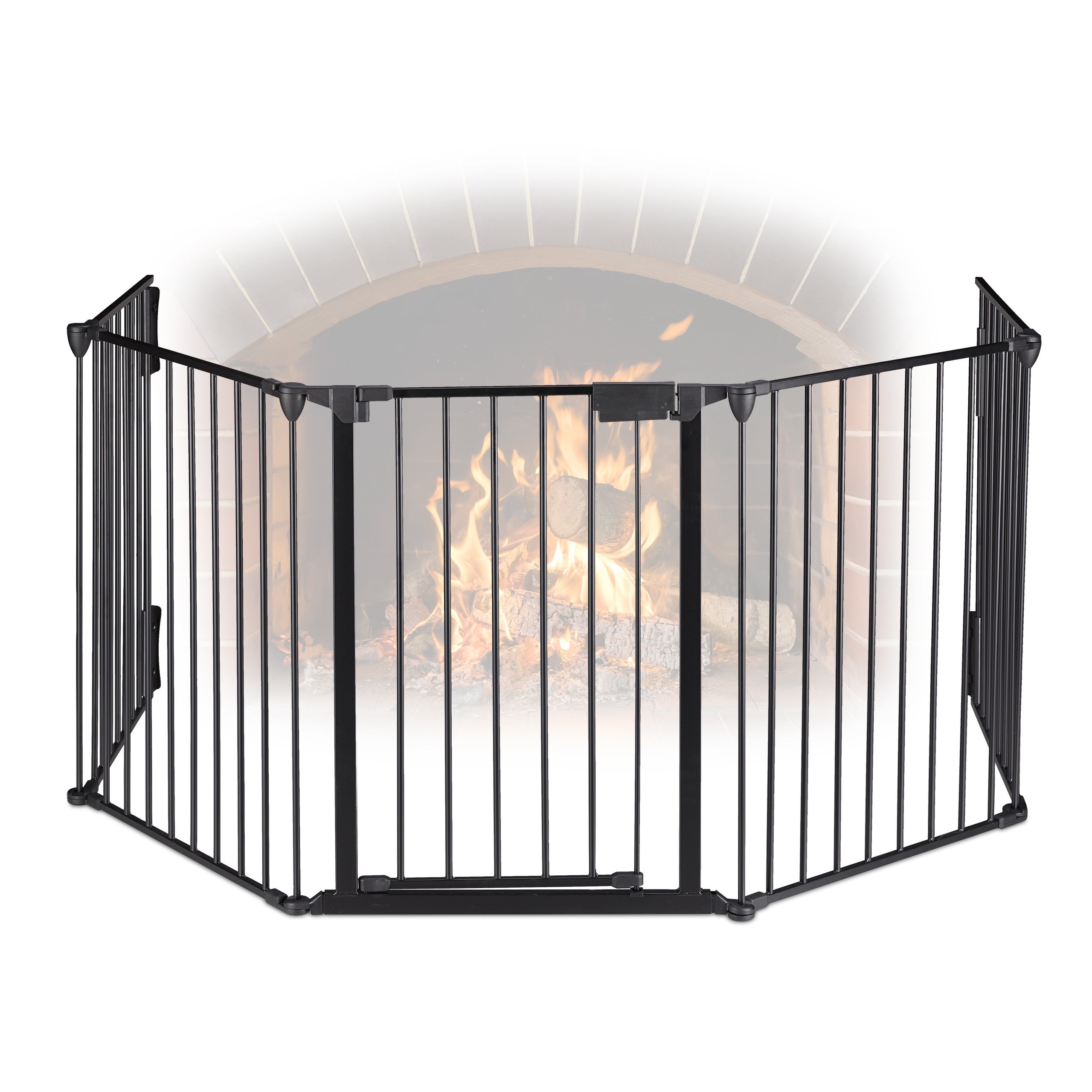 Protector chimenea, 5 paneles, barrera seguridad estufa, acero, con puerta, valla protectora, 75cm, negro, relaxdays