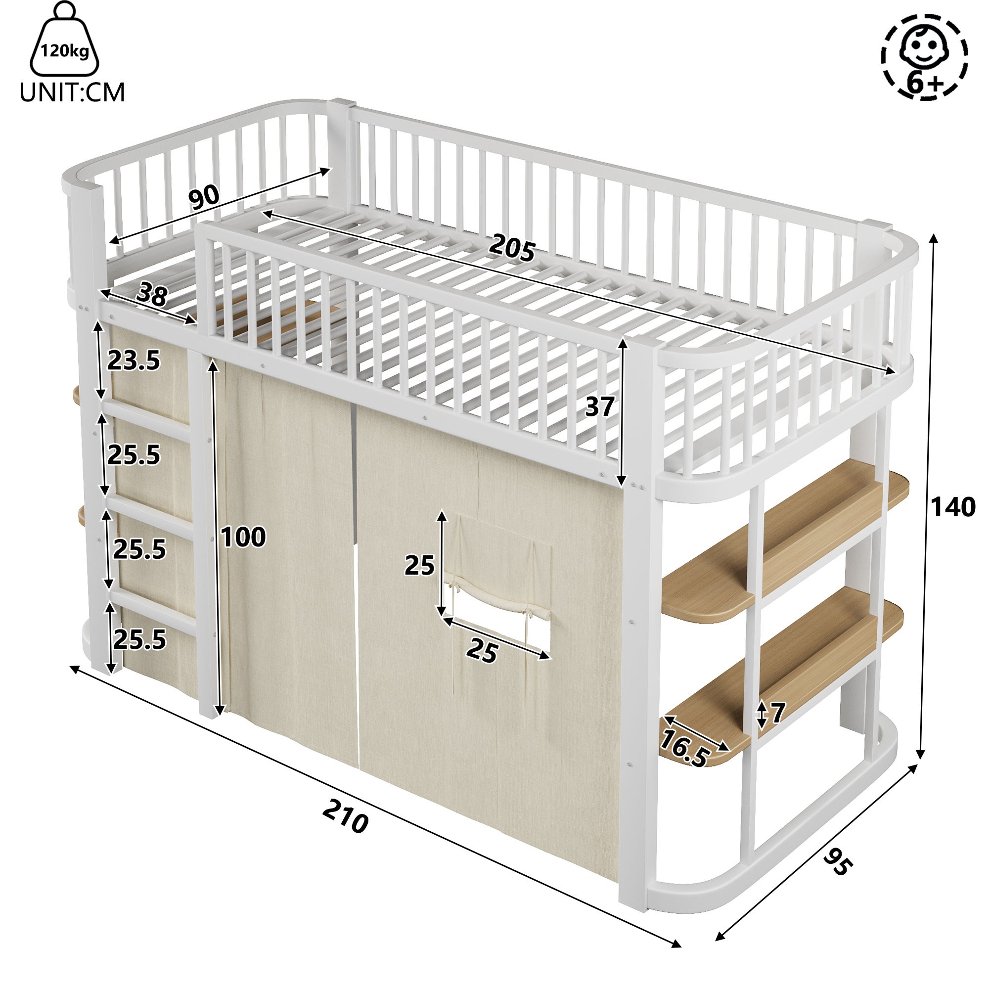 Łóżko piętrowe dla dzieci 90 x 200 cm z zasłonami zaciemniającymi, półkami, oświetleniem LED - Metal + MDF - Białe (Materac nie jest wliczony w cenę) - 6