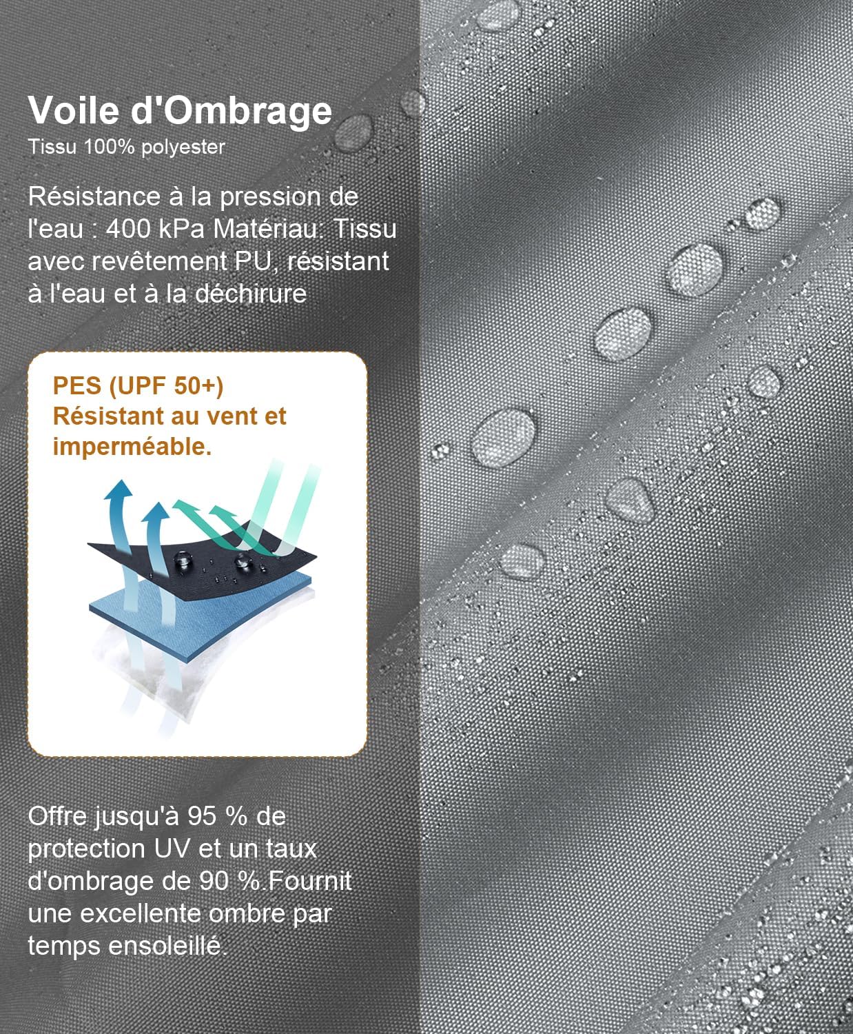 Voile d'ombrage 3x4m Rectangulaire Imperméable à l'eau PES Toile d'ombrage Gris avec 95% de Protection UV pour Patio Extérieur Jardin - 4