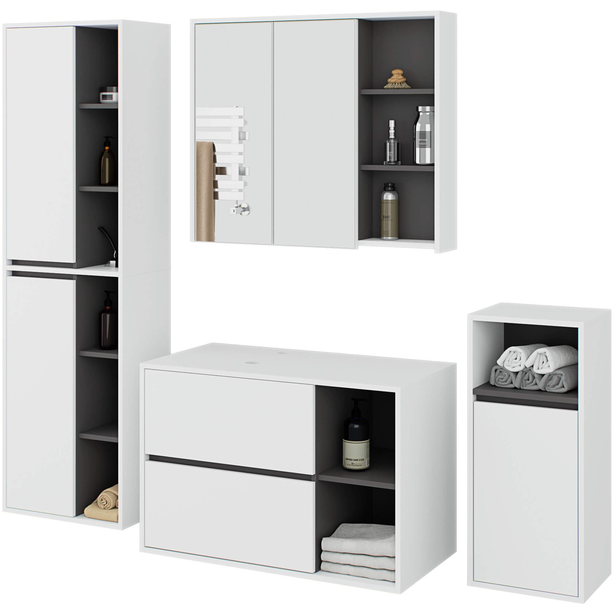 Zestaw mebli łazienkowych wiszących z otworami AKORD VAMI Biały, Grafit Szary 5 drzwi 21 półek 2 szuflady