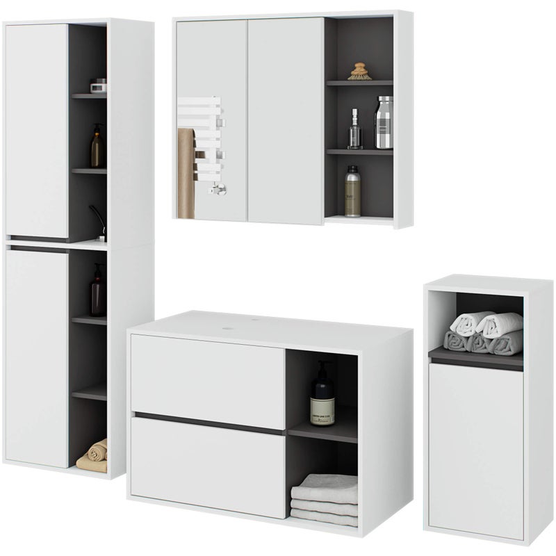 Zestaw mebli łazienkowych wiszących z otworami AKORD VAMI Biały, Grafit Szary 5 drzwi 21 półek 2 szuflady