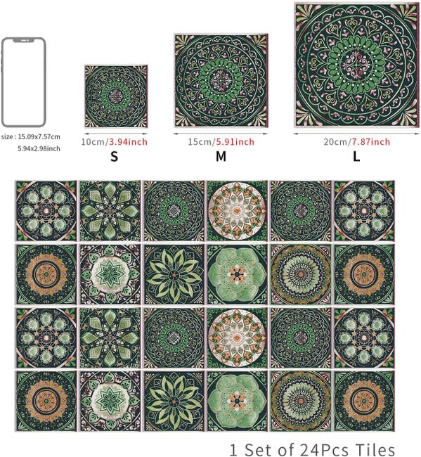 (Kaki, 10 cm x 10 cm x 24 pièces) Sticker mural autocollant motif mandala, PVC imperméable, décoration murale pour cuisine - 5