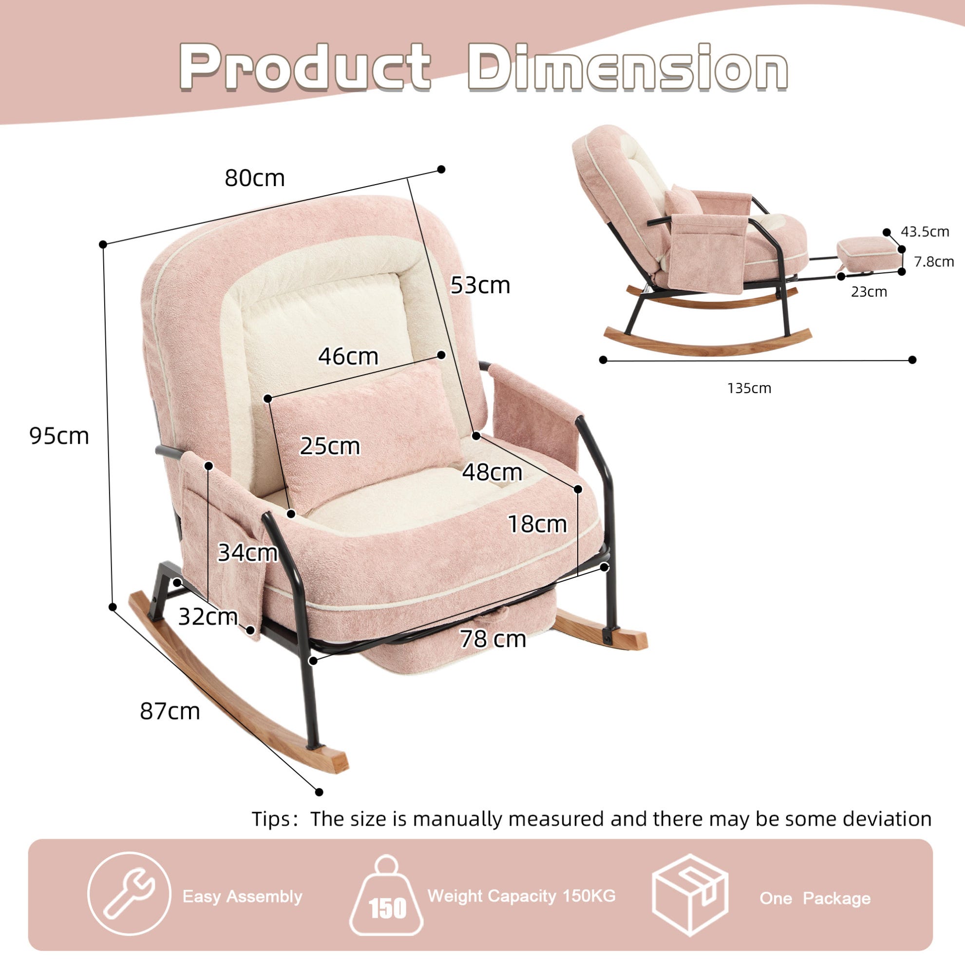 Bascule Fauteuil à bascule 80x87x95 cm, dossier réglable 100-160°, repose-pieds ...