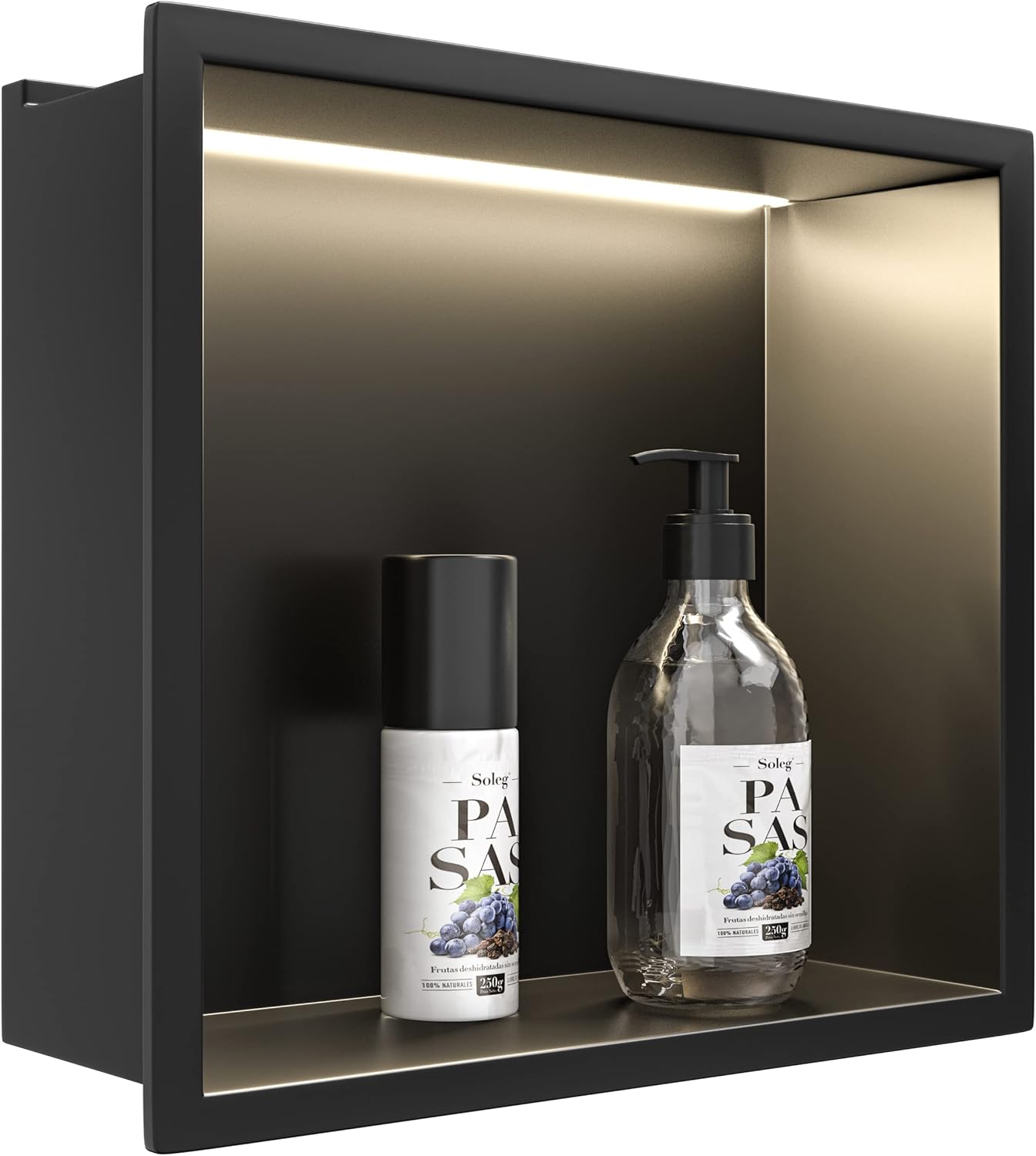 Douche Murale En Acier Inoxydable Avec LED - Étagère Encastrée 60x30 Cm, Noire, Installation Sans Carrelage - 2