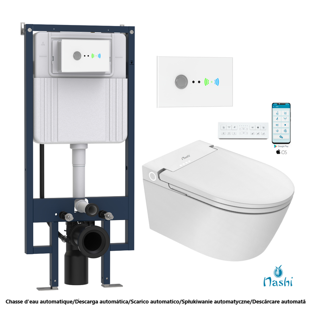 SANITA JAPONESA WC SMART SUSPENSA NASHI PACK EOS PRO, ESTRUTURA DEPÓSITO INTEGRADO - DESCARGA DUPLA AUTOMÁTICA, ABERTURA/FECHAMENTO AUTOMÁTICO, APP