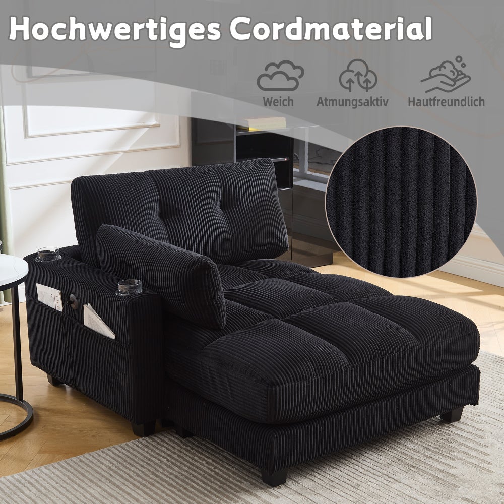 Sessel, groß, mit Kopfstütze und Seitentaschen, flauschig gepolstert, schwarz