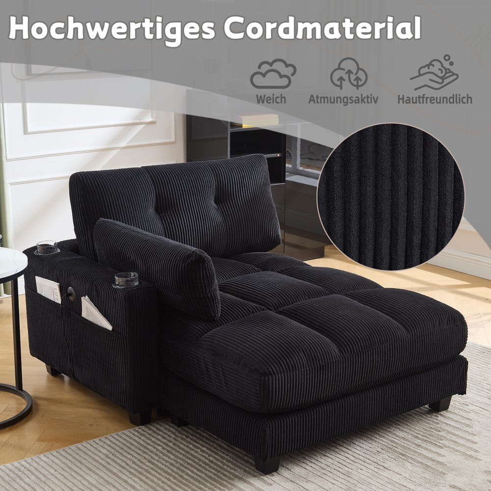 Sessel, groß, mit Kopfstütze und Seitentaschen, flauschig gepolstert, schwarz