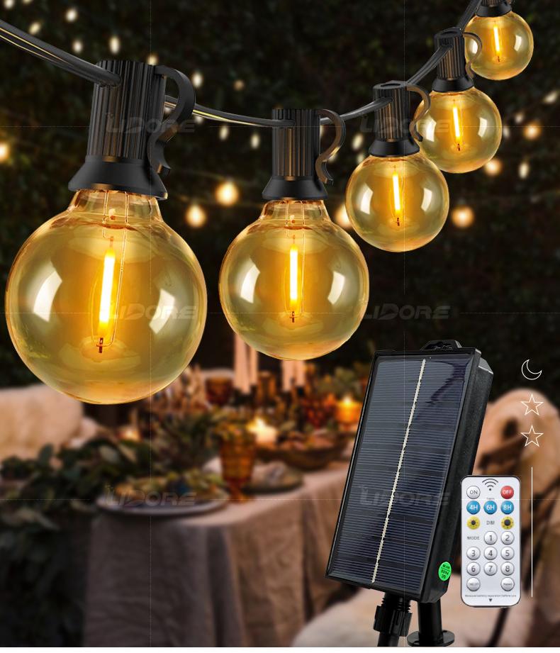Zewnętrzna lampa solarna G40 o długości 15 m, wodoodporna i jasna, z 25 żarówkami, idealna na świąteczne przyjęcia, ciepłe białe światło