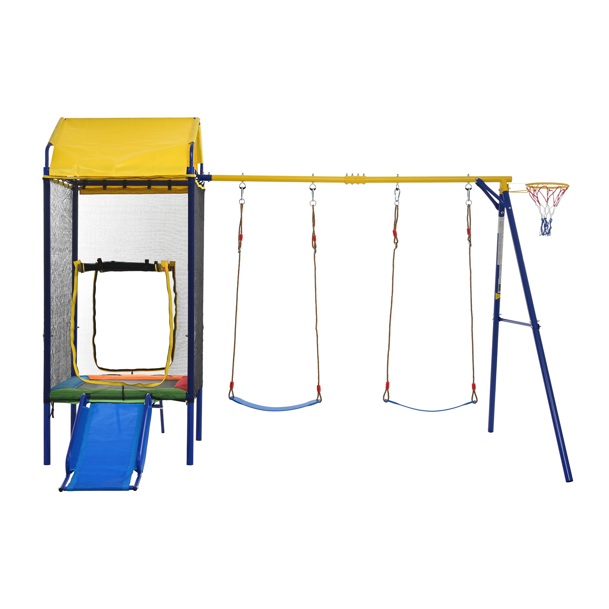 Aire de jeux extérieure 4 en 1, avec trampoline, double balançoire, toboggan et panier, en fer, multicouleur - 5