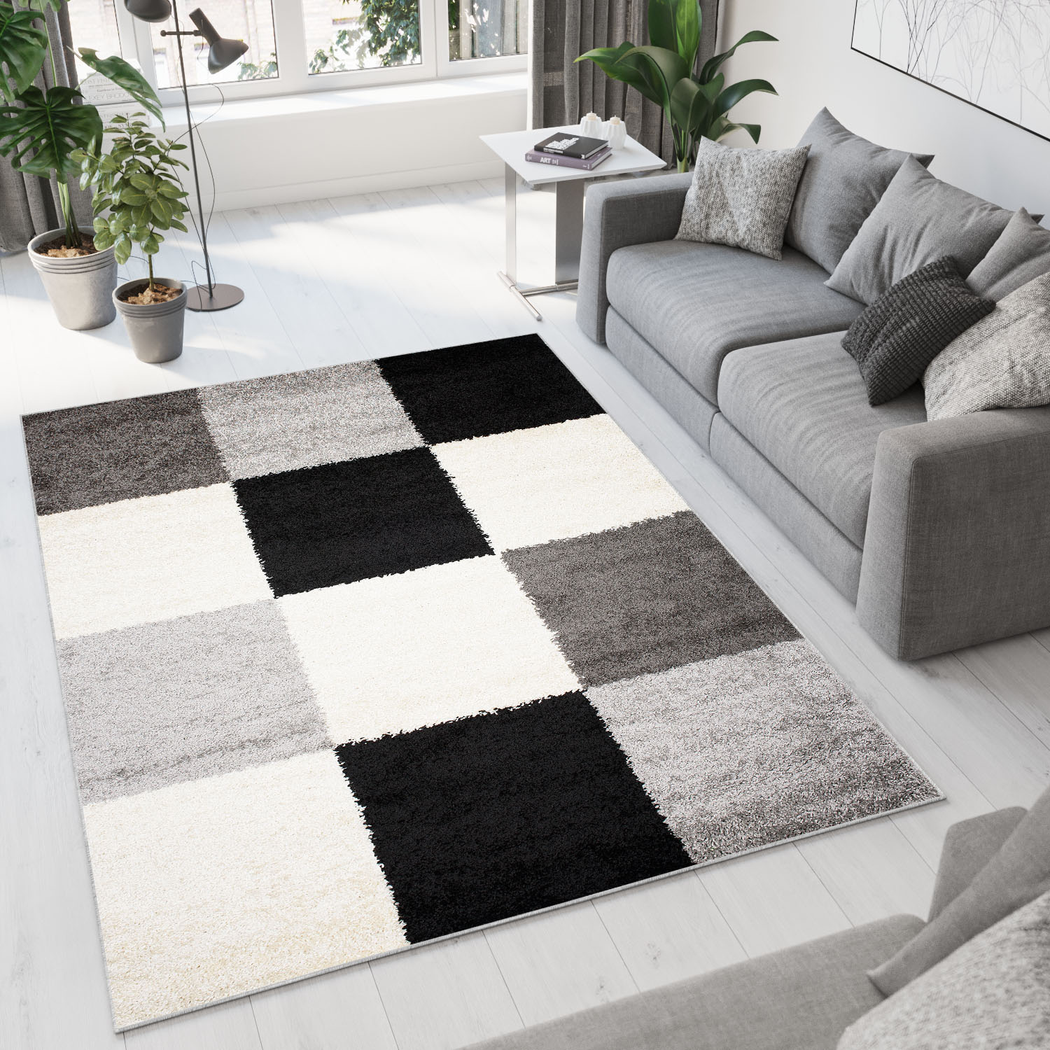 Tapiso delhi alfombra de salón habitación negro crema gris pelo largo shaggy suave 60 x 100 cm