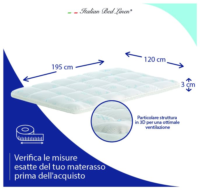 TOPPER ICE - Topper Rinfrescante Una Piazza e Mezza 120x195 cm - Topper Refrigerante con Elastici negli Angoli - Double Face, Soffietto 3cm, Lavabile - 2