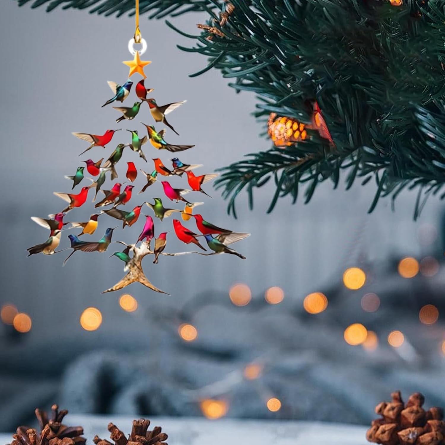 2 décorations de Noël colorées en forme de colibri,surface plane en acrylique,décorations pour arbres de Noël,cadeaux pour les amoureux des oiseaux - 2