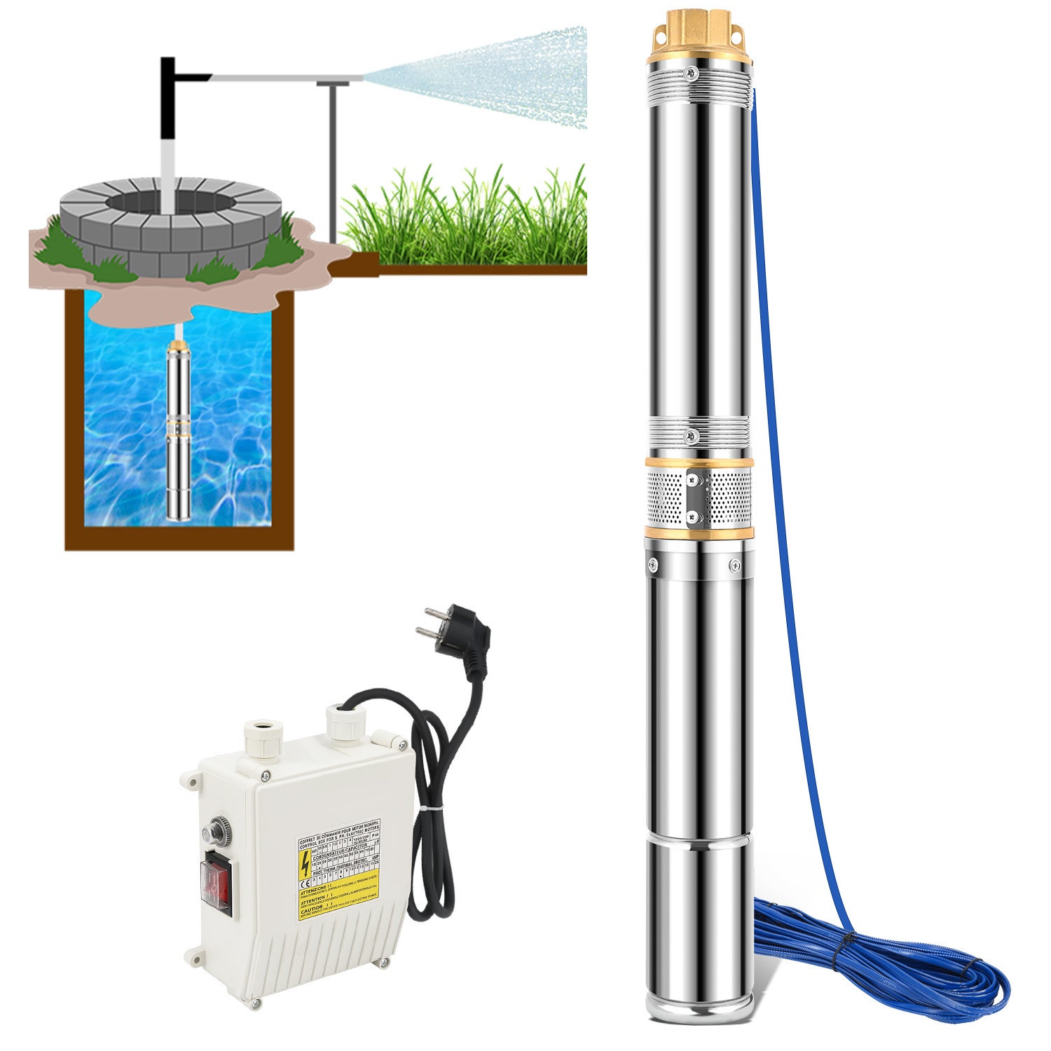 Pompa zanurzeniowa do głębokich studni, 1100 W, 4000 l/h, 81 m, z przewodem o długości 20 m i zewnętrzną skrzynką sterowniczą, stal nierdzewna