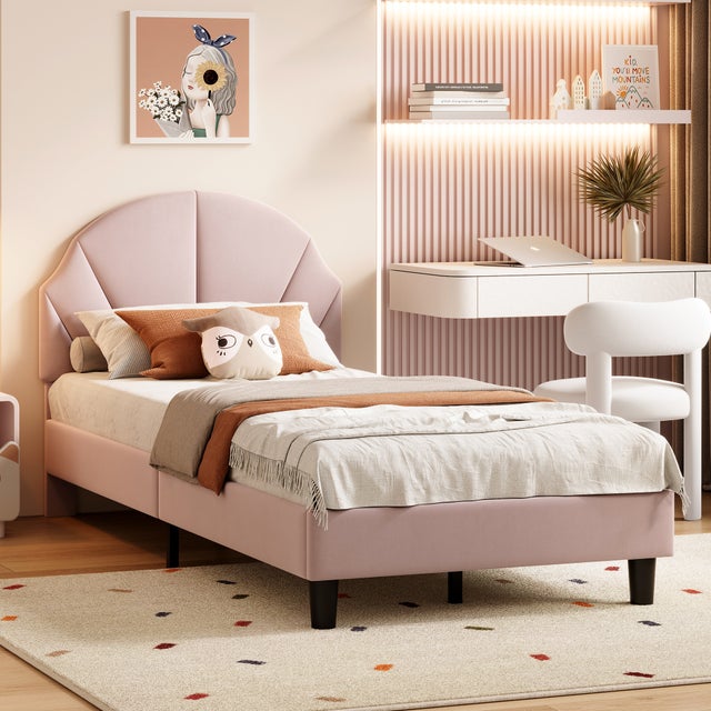 Cama infantil, medidas 90x190 cm, terciopelo, cabecero de cama de altura elevada, colchón no incluido en el suministro, Rosa, estructura tapizada