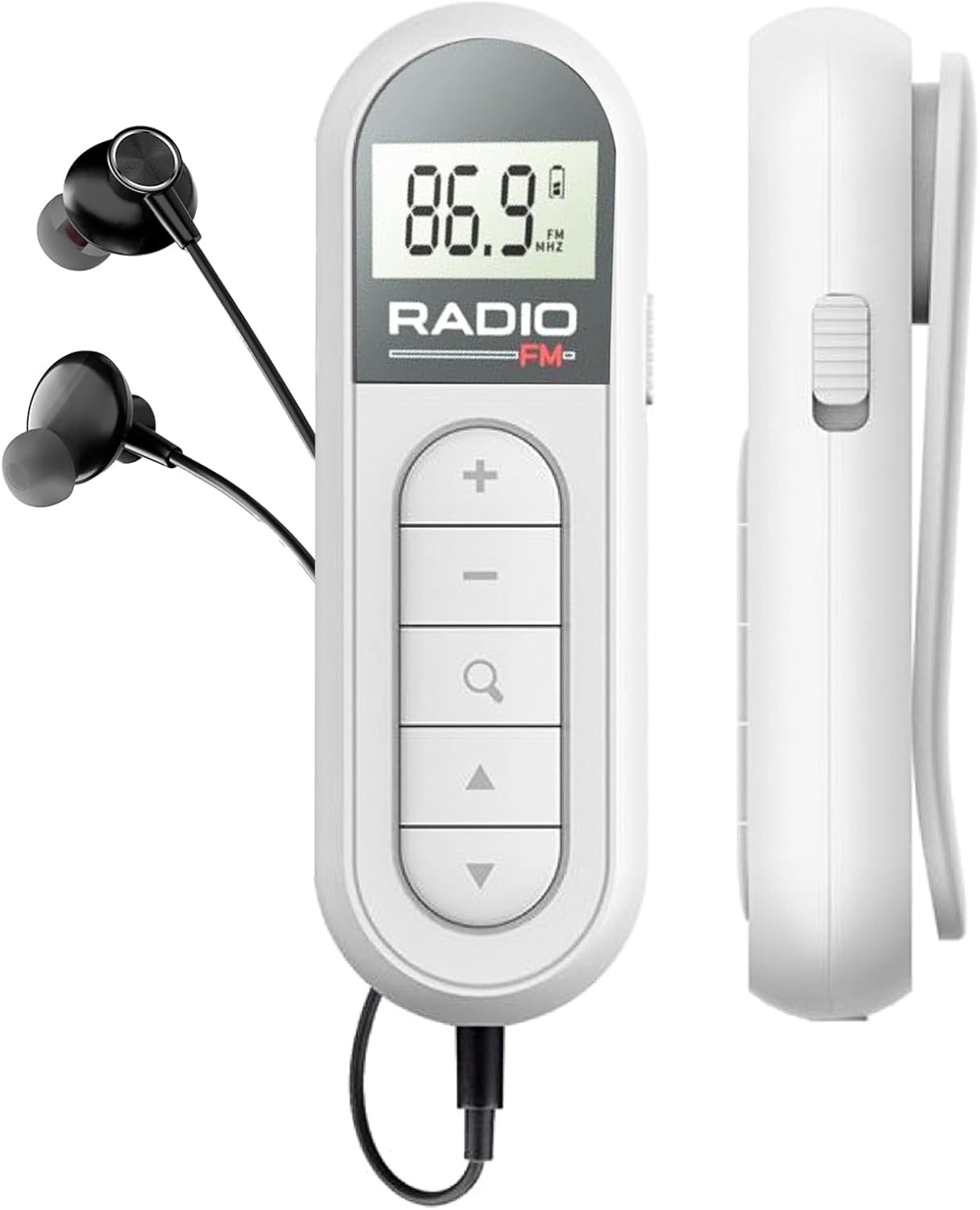 Miniaturowe radio FM/tranzystorowe, przenośne radio FM z procesorem DSP, wyświetlaczem LCD i słuchawkami, akumulatorowe, kieszonkowe, białe
