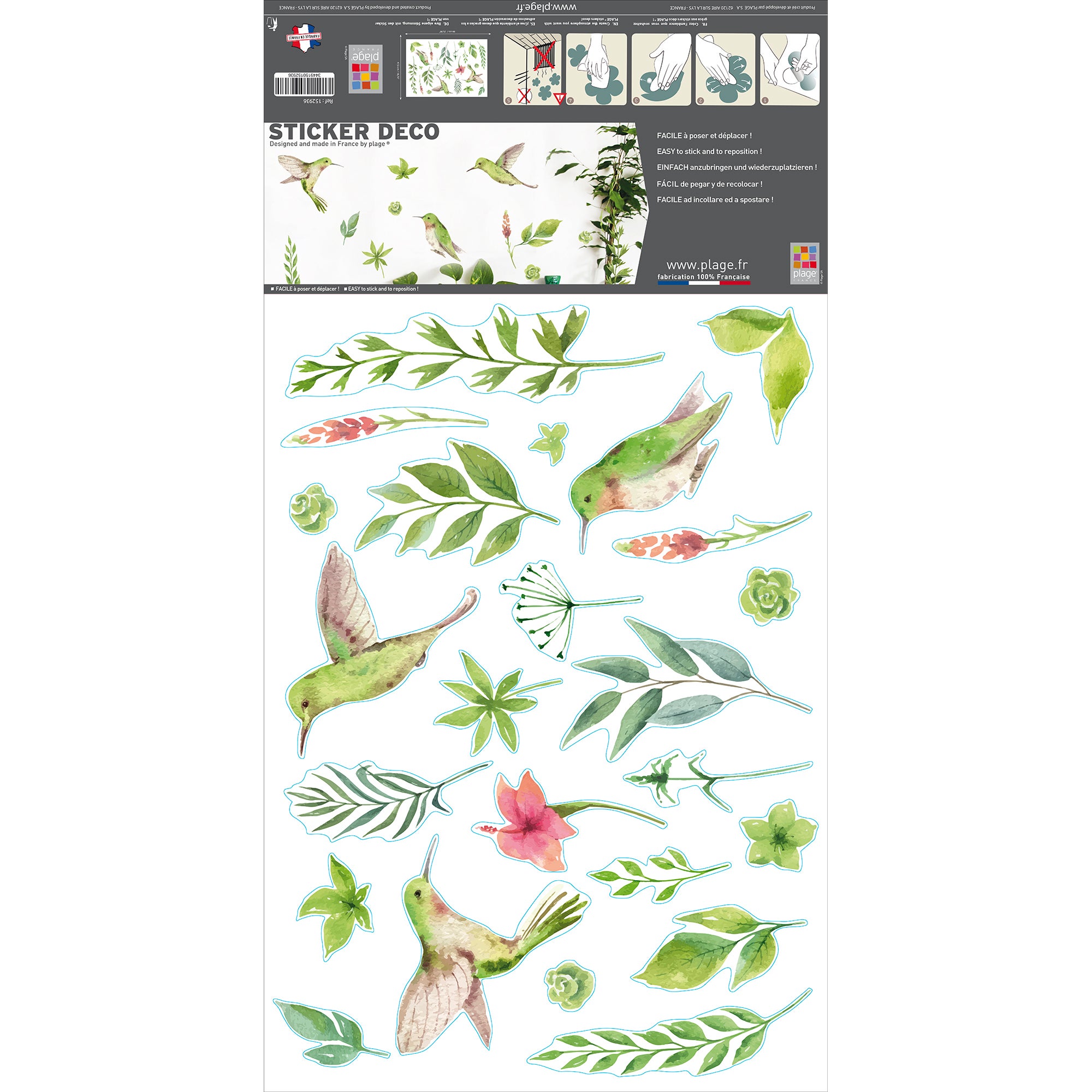 Sticker autocollant décoratif, illustration des oiseaux colibris entourés de feuilles et fleurs façon aquarelle, 68 cm X 48 cm - 2